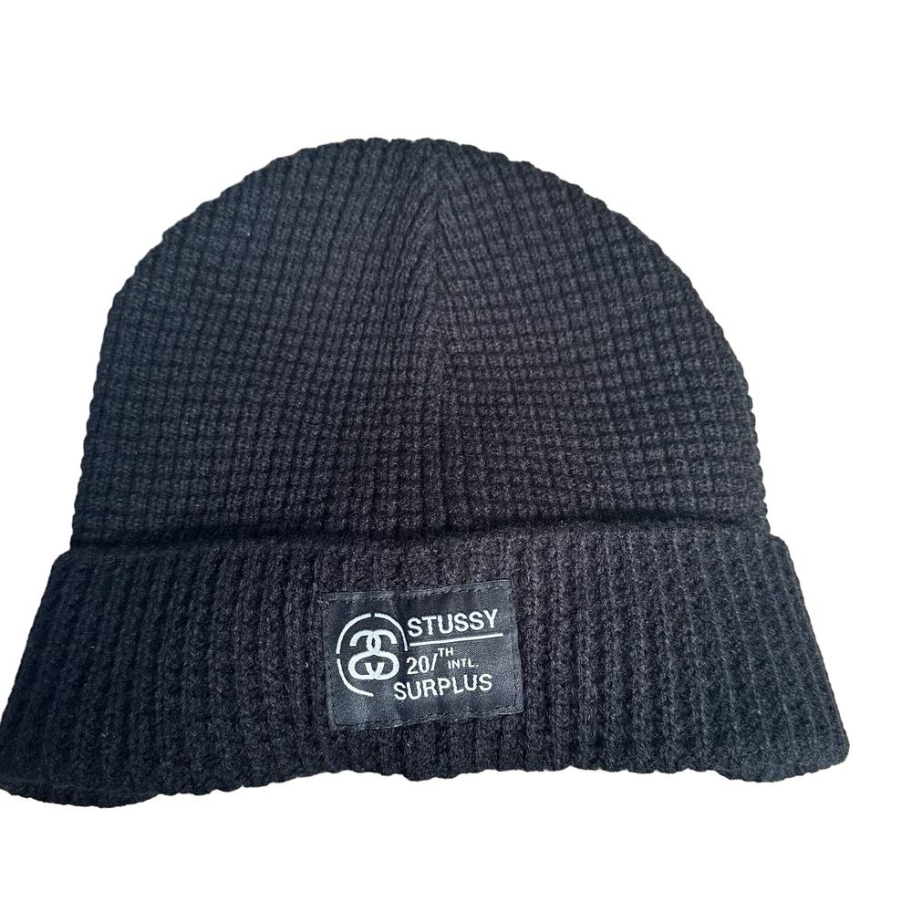 Stussy 20th Intl Surplus Black Waffle Knit Cuffed Beanie Hat One Size Mens